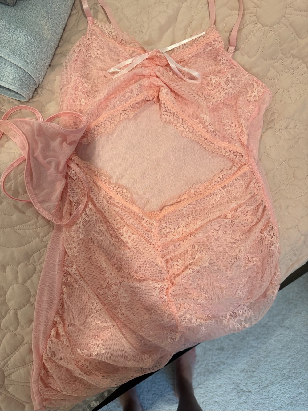 Sheer Pink Lace Chemise with Matching Thong